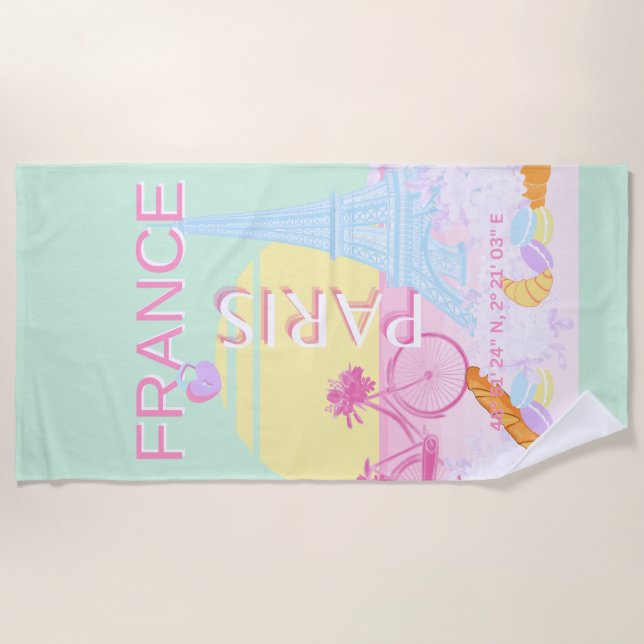 Paris, France, Travel Art, Preppy, Pastel, Green Beach Towel (Front)