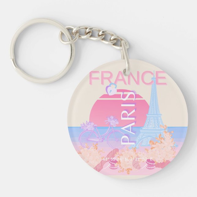 Paris, France, Travel Art, Preppy, Pastel Key Ring (Front)