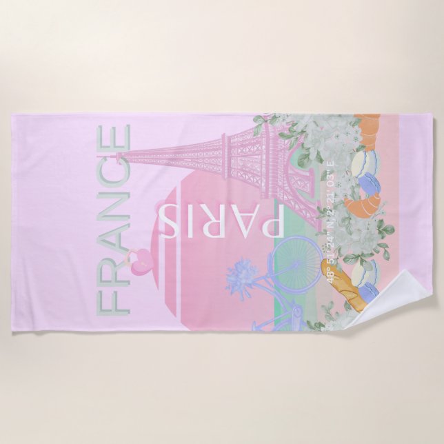 Paris, France, Travel Art, Preppy, Pastel, Pink Beach Towel (Front)