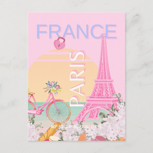 Paris, France, Travel Art, Preppy, Pastel, Pink Holiday Postcard (Front)