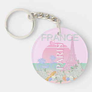 Paris, France, Travel Art, Preppy, Pastel, Pink Key Ring