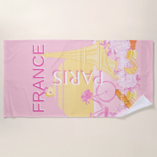 Paris, France, Travel Art, Preppy, Pink Beach Towel