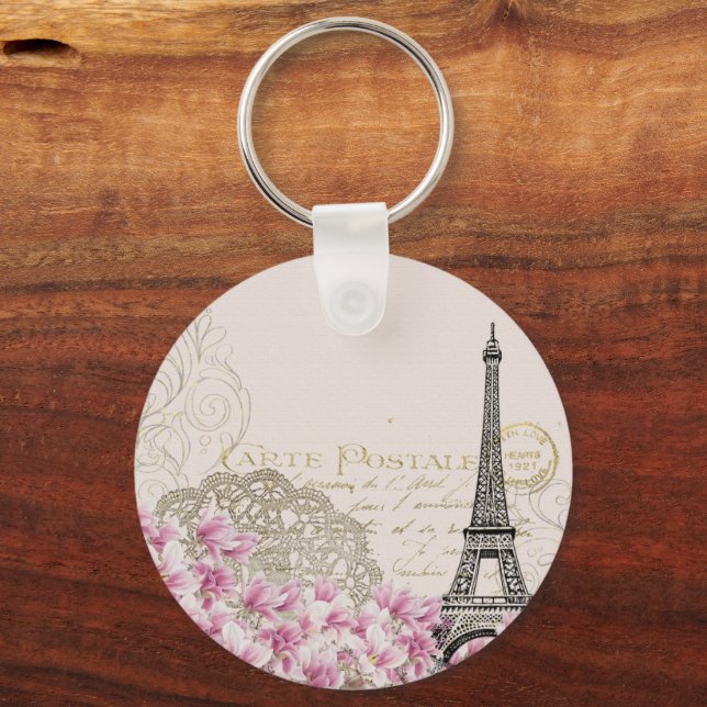 Paris France Travel Design with Eiffel Pink Roses Key Ring (Back)