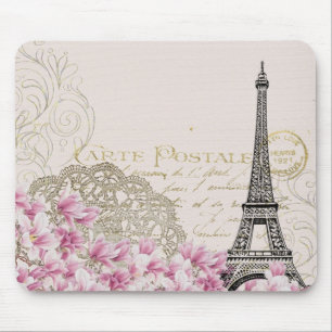 Paris France Travel Design with Eiffel Pink Roses Mouse Pad