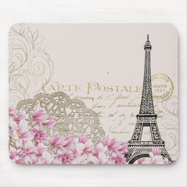 Paris France Travel Design with Eiffel Pink Roses Mouse Pad (Front)