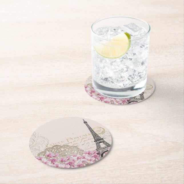 Paris France Travel Design with Eiffel Pink Roses Round Paper Coaster (Insitu)