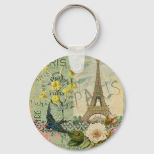 Paris France Travel Graphic Art Collage Key Ring