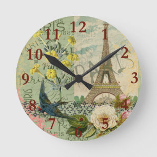 Paris France Travel Graphic Art Collage Round Clock