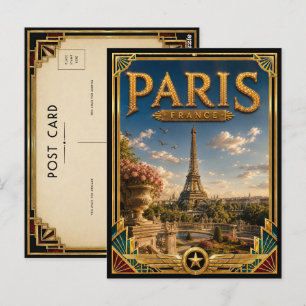 Paris France Vintage Eiffel Tower Art Deco Golden Postcard