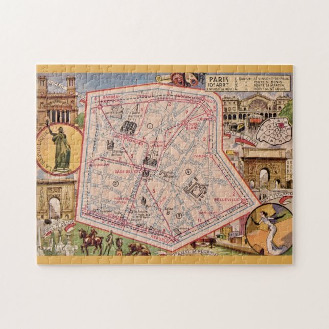 Paris France Vintage Map 11x14 Jigsaw Puzzle (Horizontal)