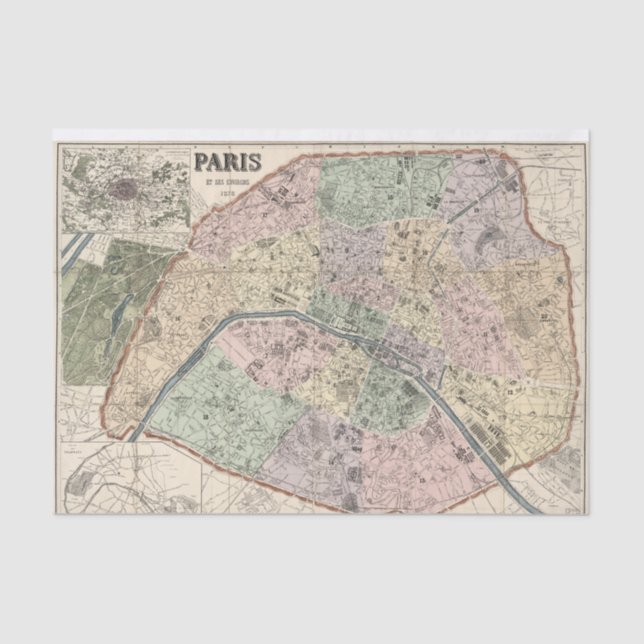 Paris France Vintage Map Decoupage Ephemera Tissue Paper (Front)
