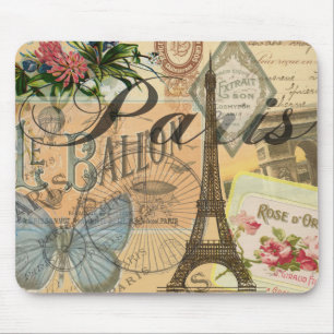 Paris France Vintage Travel Collage Art Print Mouse Pad