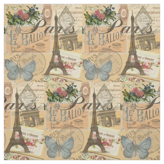 Paris France Vintage Travel Colourful Artwork Fabric (Swatch)