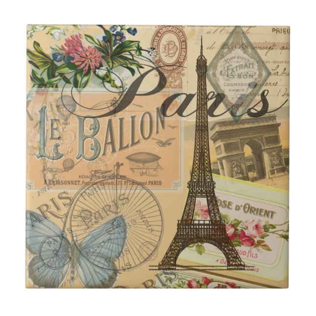 Paris France Vintage Travel Colourful Artwork Tile (Front)