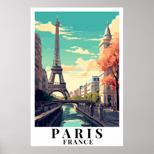 Paris France Vintage Travel Eiffel Tower Art Poster