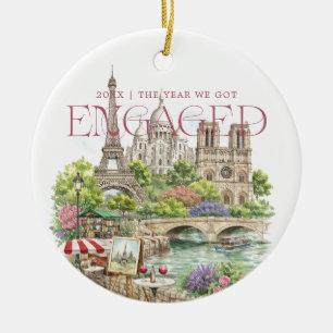 Paris France Watercolor Engagement Photo Ceramic Tree Decoration