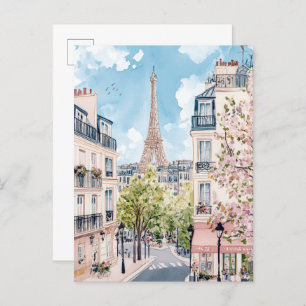 Paris France Watercolor Painting Travel Postcard