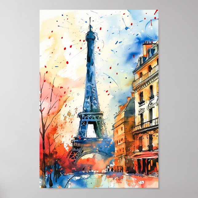 Paris France Watercolor Painting Travel Poster (Front)