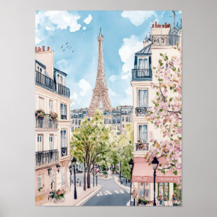 Paris France Watercolor Painting Travel Poster