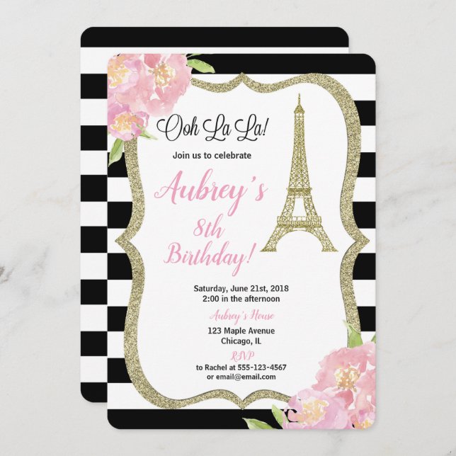 Paris French birthday invitation girl pink gold (Front/Back)
