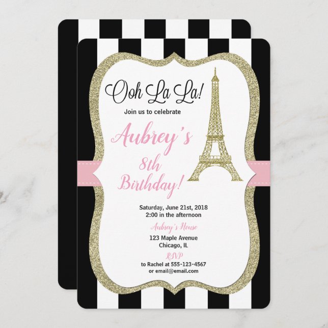 Paris French birthday invitation girl pink gold (Front/Back)