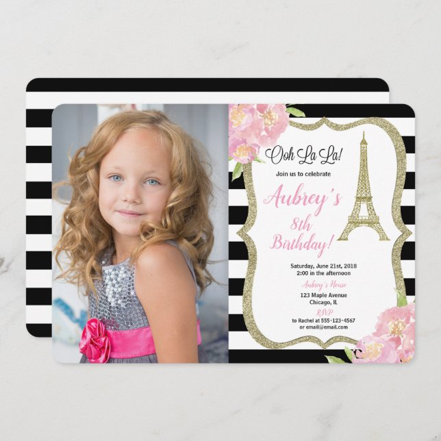 Paris French birthday photo invitation pink gold (Front/Back)