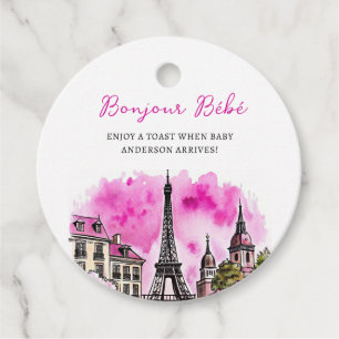 Paris French Bonjour Bebe Pink Black Baby Shower Favour Tags