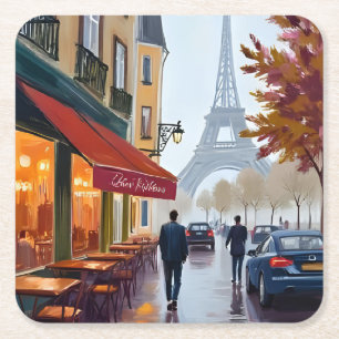 Paris French Cafe Eiffel Tower Watercolor Square Paper Coaster