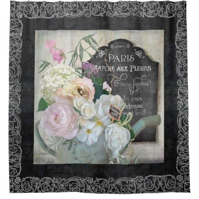 Paris French Floral Market Watering Can Chalkboard Shower Curtain (Front)