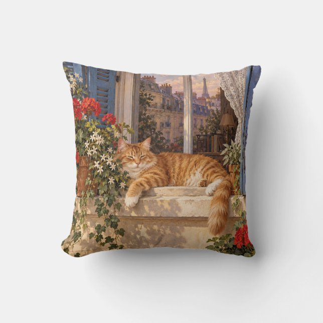 Paris Ginger Cat Blue Shutter Window Cushion (Front)