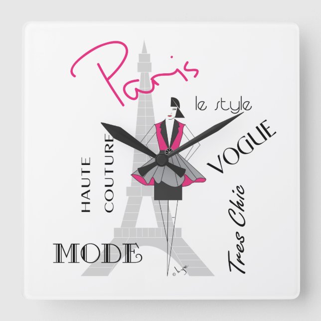 Paris Haute Couture, Fashion, Eiffel Tower Square Wall Clock (Front)