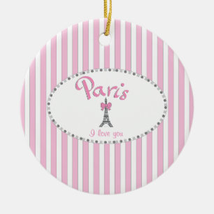 "Paris I Love You"- pink stripes Ceramic Tree Decoration