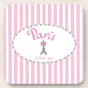 "Paris I Love You"- pink stripes Coaster