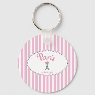 "Paris I Love You"- pink stripes Key Ring