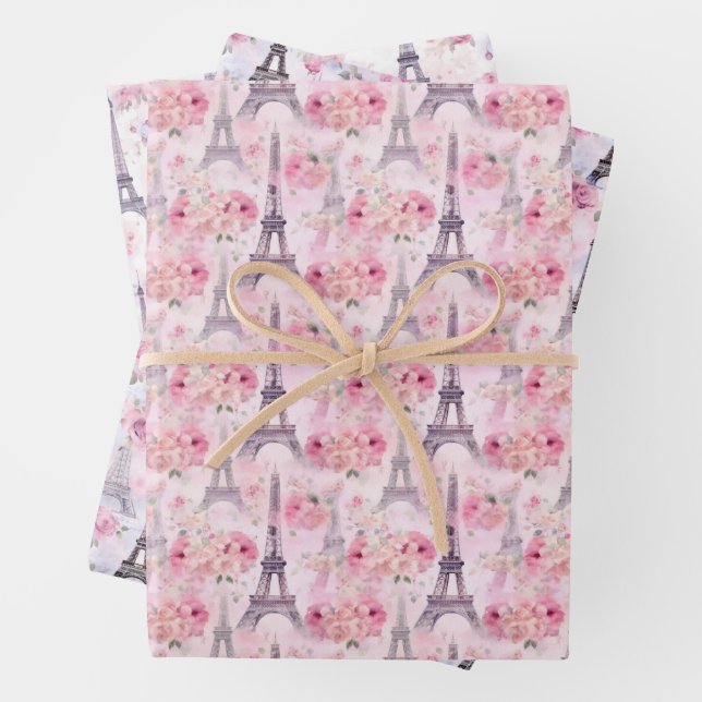 PARIS IN SPRINGTIME FLORAL GIFT WRAPPING PAPER SHEET (In situ)