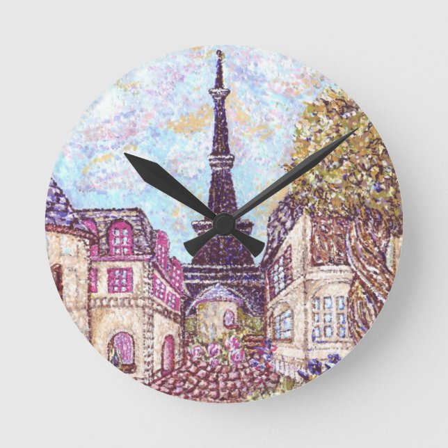 Paris Inspired Cityscape With Eiffel Tower Round W Clock (Front)
