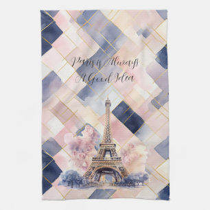 Paris is Always A Good Idea Eiffel Tower Blue Pink Tea Towel