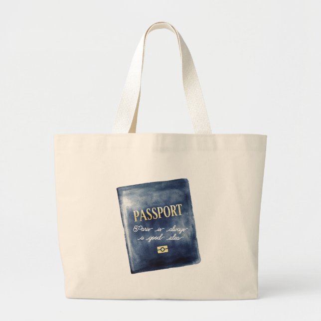 Paris is Always Good Idea Blue Passport Large Tote Bag (Front)