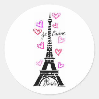 PARIS JE T'AIME EIFFEL AND PINK HEARTS CLASSIC ROUND STICKER