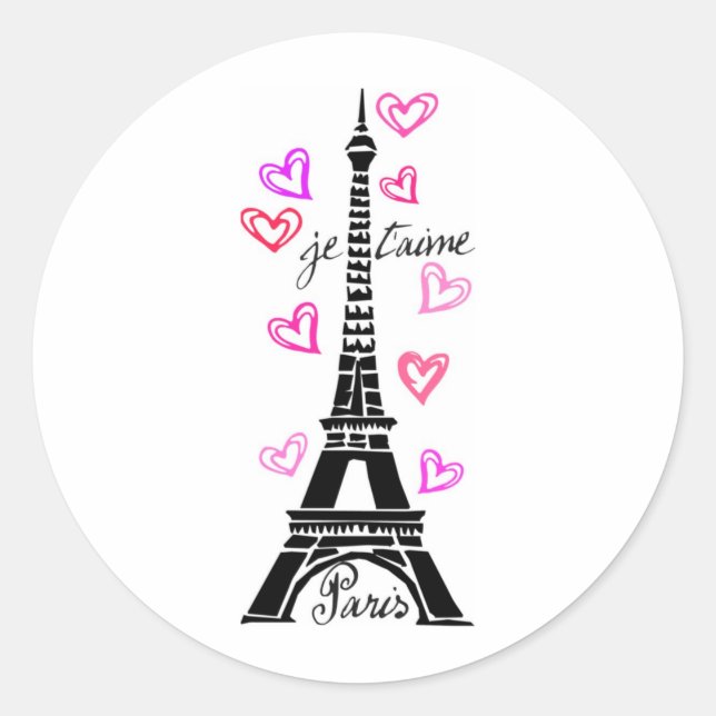 PARIS JE T'AIME EIFFEL AND PINK HEARTS CLASSIC ROUND STICKER (Front)