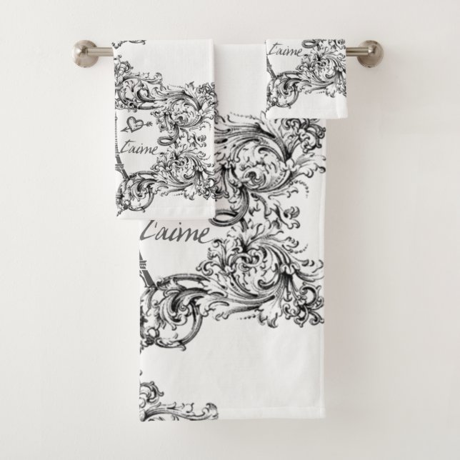 Paris Je T'aime Eiffel Tower Scroll Print Bath Towel Set (Insitu)