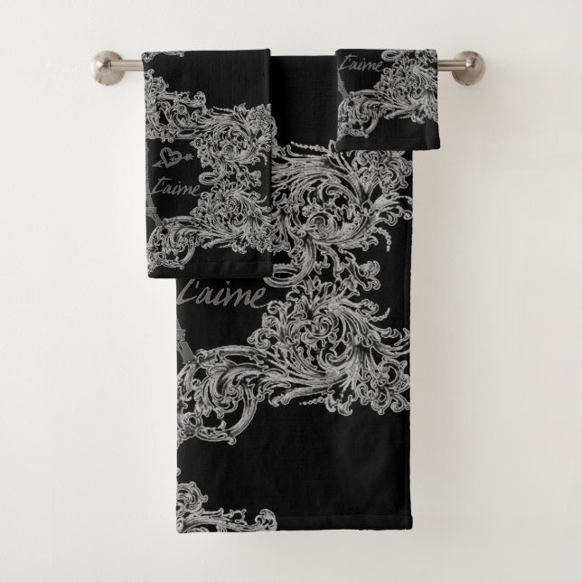 Paris Je T'aime Eiffel Tower Scroll Print Bath Towel Set (Insitu)