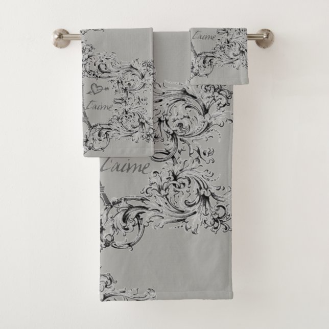 Paris Je T'aime Eiffel Tower Scroll Print Bath Towel Set (Insitu)