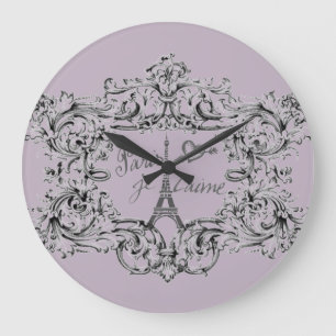 "Paris Je T'aime" Eiffel Tower Scroll Print Large Clock
