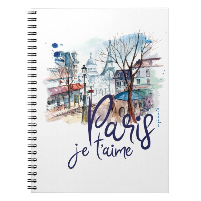Paris Je t'aime Watercolor Calligraphy France Art Notebook (Front)