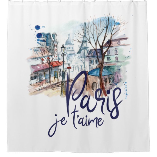 Paris Je t'aime Watercolor Calligraphy France Art Shower Curtain (Front)