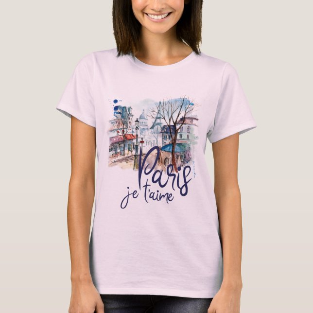 Paris Je t'aime Watercolor Calligraphy France Art T-Shirt (Front)
