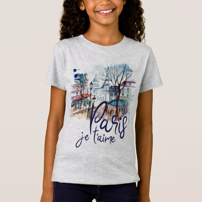 Paris Je t'aime Watercolor Calligraphy France Art T-Shirt (Front)