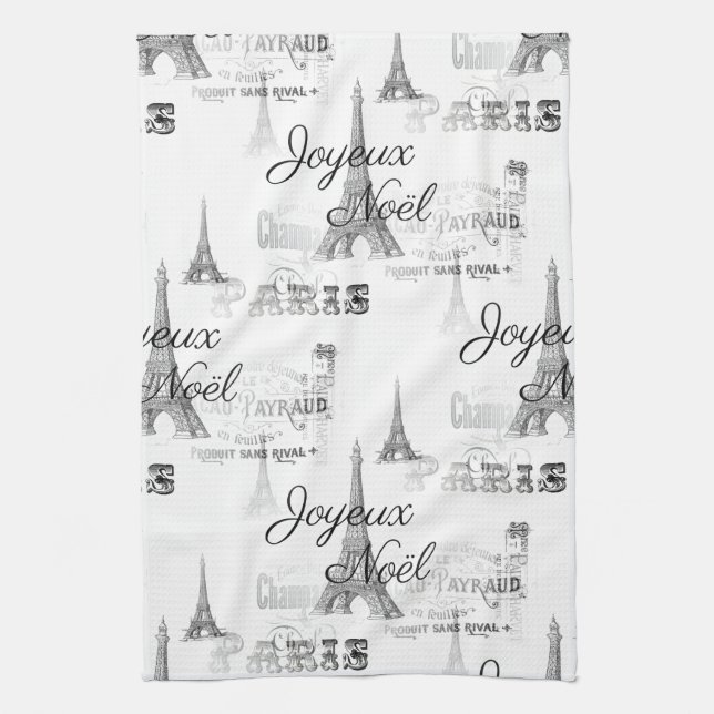Paris Joyeux Noel B&W Christmas Kitchen Towel (Vertical)