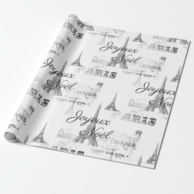 Paris Joyeux Noel Christmas B&W Wrapping Paper (Unrolled)
